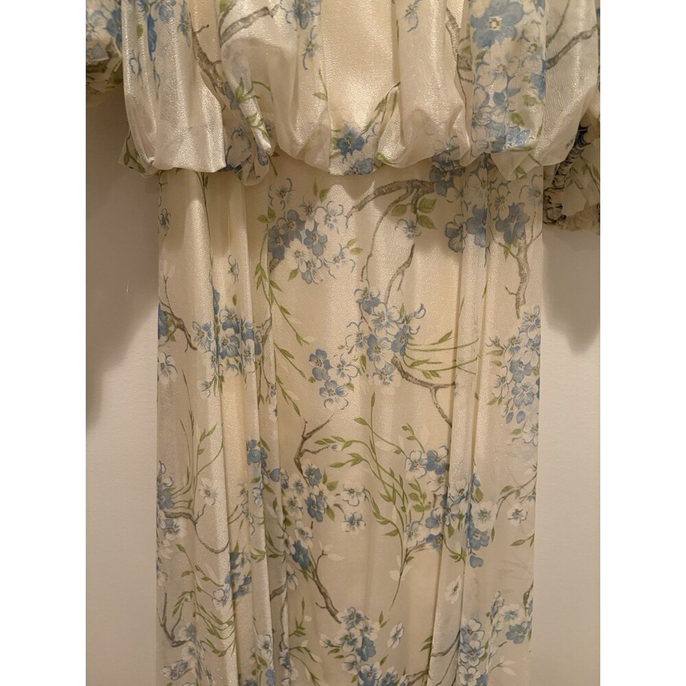 Vtg 70s Cream Delicate Blue Flowers Blouson Maxi Dress Floral Prairie Cottage - Picture 4 of 16